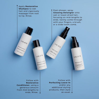 LolaVie Restore & Protect Travel Kit – TSA-zugelassenes Shampoo, Conditioner, Entwirrer & Leave-In – Vegan, tierversuchsfrei, farbsicher – für alle Haartypen