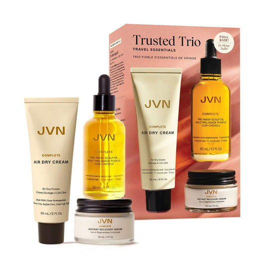 JVN Trusted Trio Reise-Essentials Haarpflege-Set, 3-teilig: Air Dry Cream, Instant Recovery Serum, Pre-Wash Scalp Oil – Silikonfreie Haarpflege für Frauen und Männer