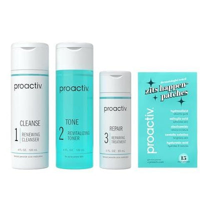 Proactiv 3-Stufen Akne-Behandlungssystem – 60-Tage-Komplettset mit Benzoylperoxid-Reiniger, Toner, Reparaturbehandlung und 15 Pickel-Pflastern
