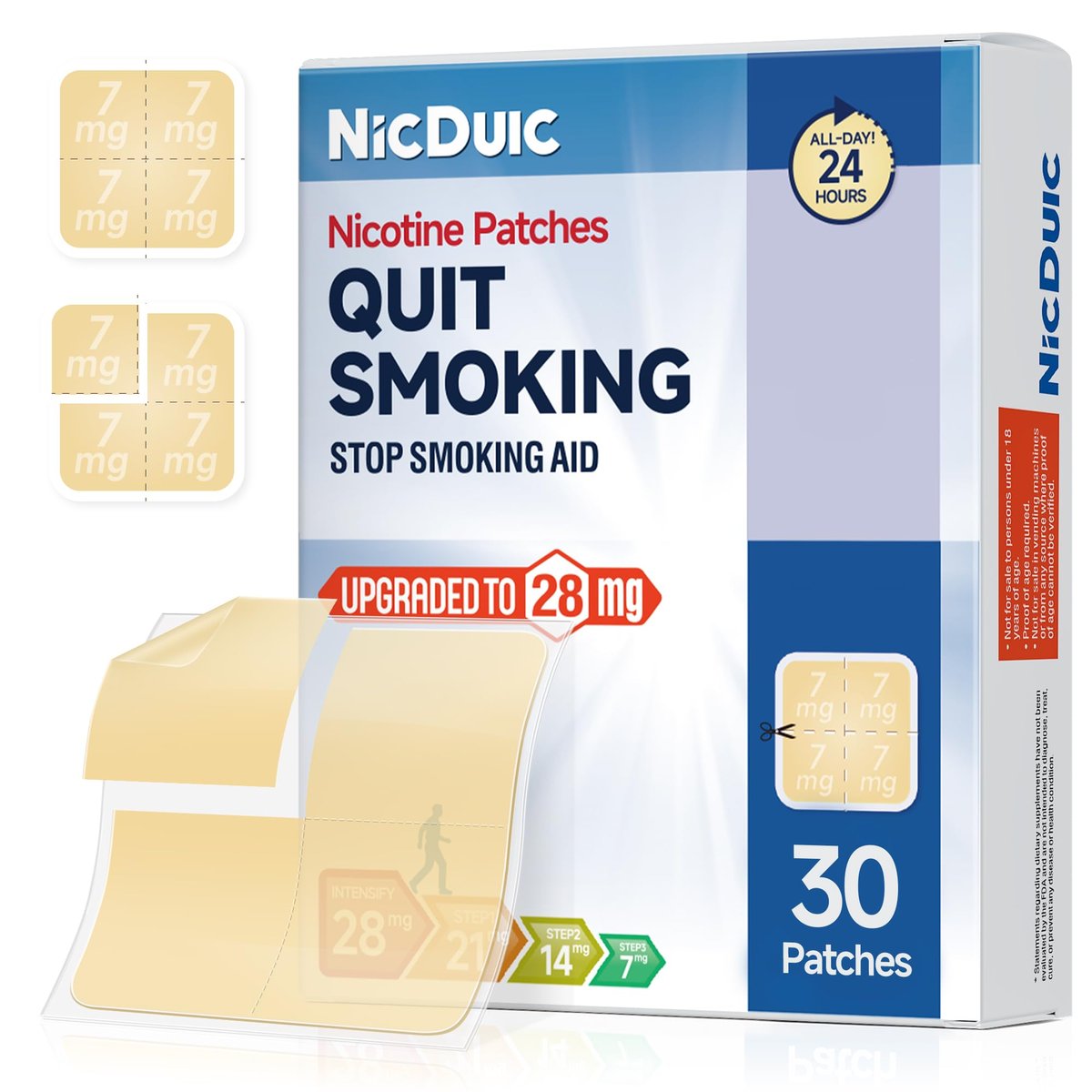 NicDuic Nikotinpflaster Upgrade 28 mg, verstellbares 4-teiliges Design 7 mg/14 mg/21 mg/28 mg, transdermales System zur Raucherentwöhnung. Alle Stufen Raucherentwöhnungshilfen, die 24 h wirken – 30 Stück