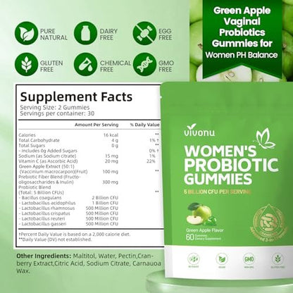 VivoNu Probiotika für Frauen – Vegane Gummibärchen für vaginale Gesundheit & pH-Gleichgewicht (60 Stück, grüner Apfel)