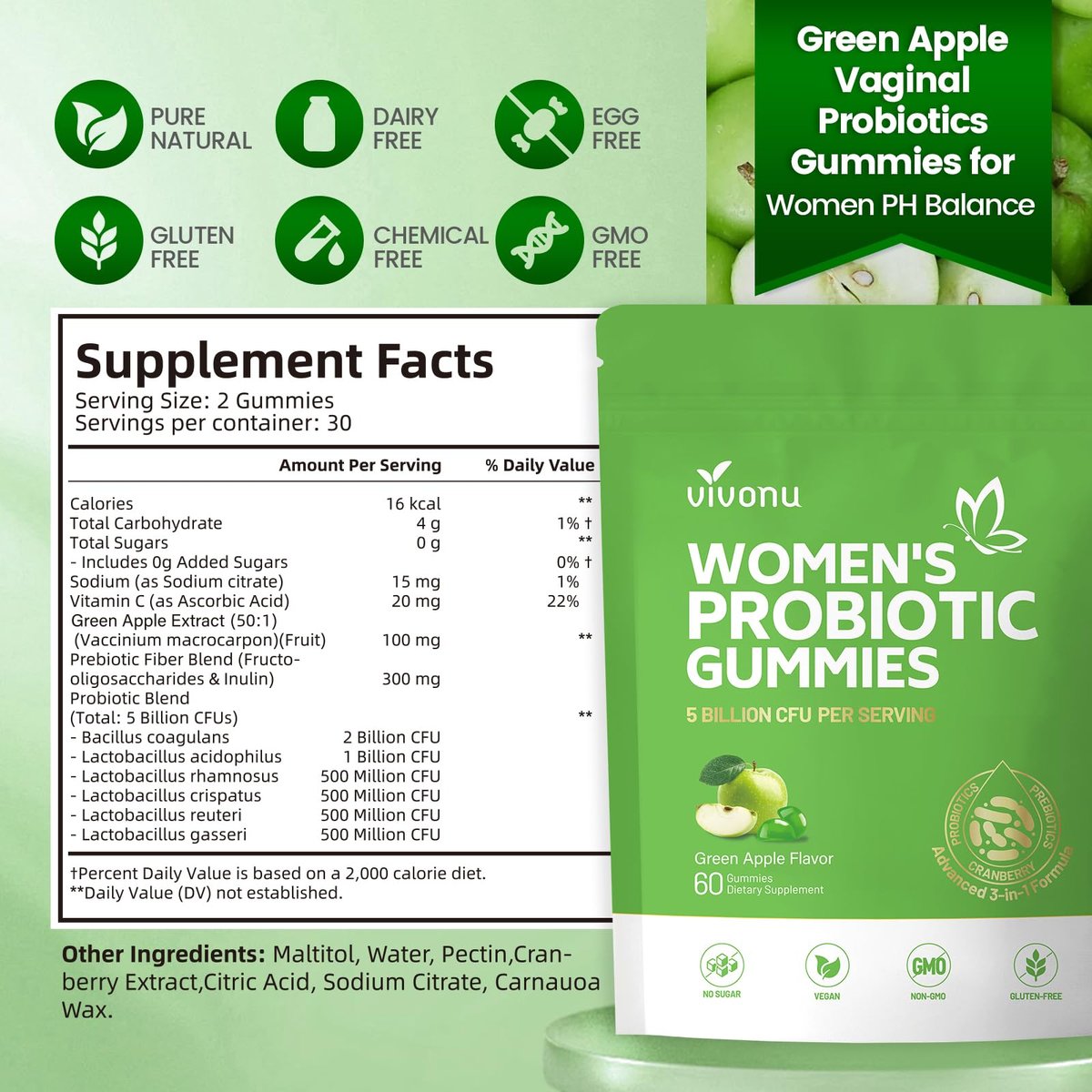 VivoNu Probiotika für Frauen – Vegane Gummibärchen für vaginale Gesundheit & pH-Gleichgewicht (60 Stück, grüner Apfel)