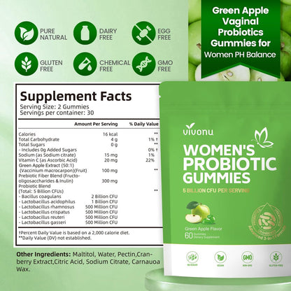 VivoNu Probiotika für Frauen – Vegane Gummibärchen für vaginale Gesundheit & pH-Gleichgewicht (60 Stück, grüner Apfel)
