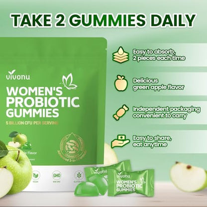 VivoNu Probiotika für Frauen – Vegane Gummibärchen für vaginale Gesundheit & pH-Gleichgewicht (60 Stück, grüner Apfel)