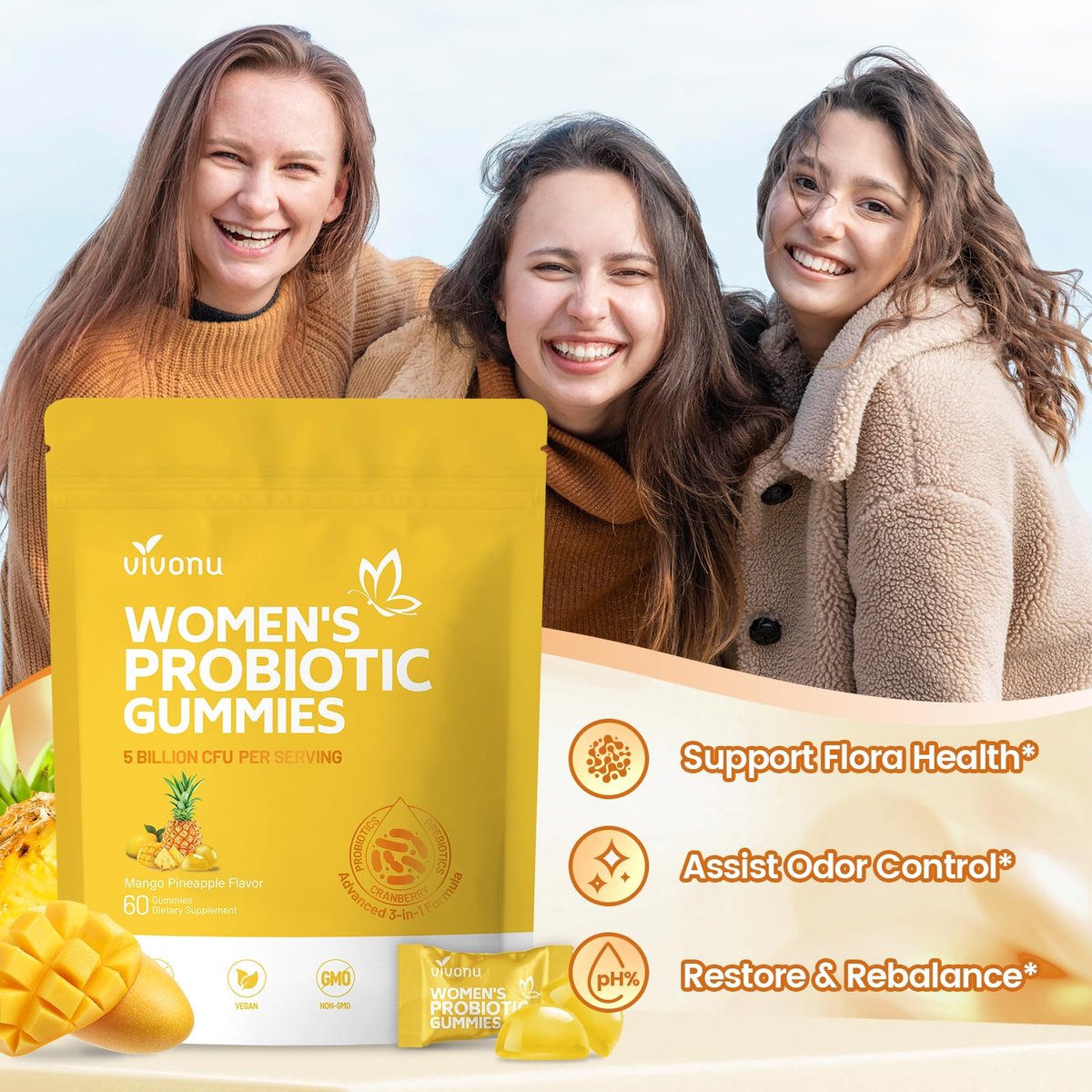 VivoNu Ananas-Gummis für die Frauengesundheit – Probiotische Gummis für vaginales Gleichgewicht & pH-Wert, Mango-Ananas-Geschmack, 60 Stück