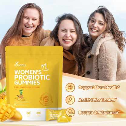 VivoNu Ananas-Gummis für die Frauengesundheit – Probiotische Gummis für vaginales Gleichgewicht & pH-Wert, Mango-Ananas-Geschmack, 60 Stück