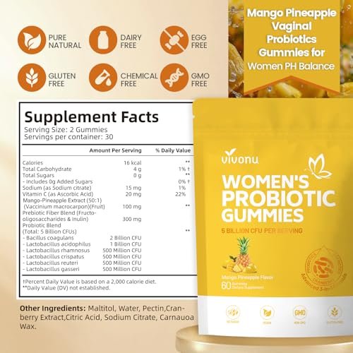 VivoNu Ananas-Gummis für die Frauengesundheit – Probiotische Gummis für vaginales Gleichgewicht & pH-Wert, Mango-Ananas-Geschmack, 60 Stück