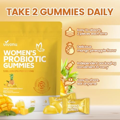 VivoNu Ananas-Gummis für die Frauengesundheit – Probiotische Gummis für vaginales Gleichgewicht & pH-Wert, Mango-Ananas-Geschmack, 60 Stück