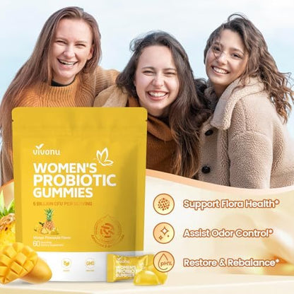 VivoNu Ananas-Gummis für die Frauengesundheit – Probiotische Gummis für vaginales Gleichgewicht & pH-Wert, Mango-Ananas-Geschmack, 60 Stück