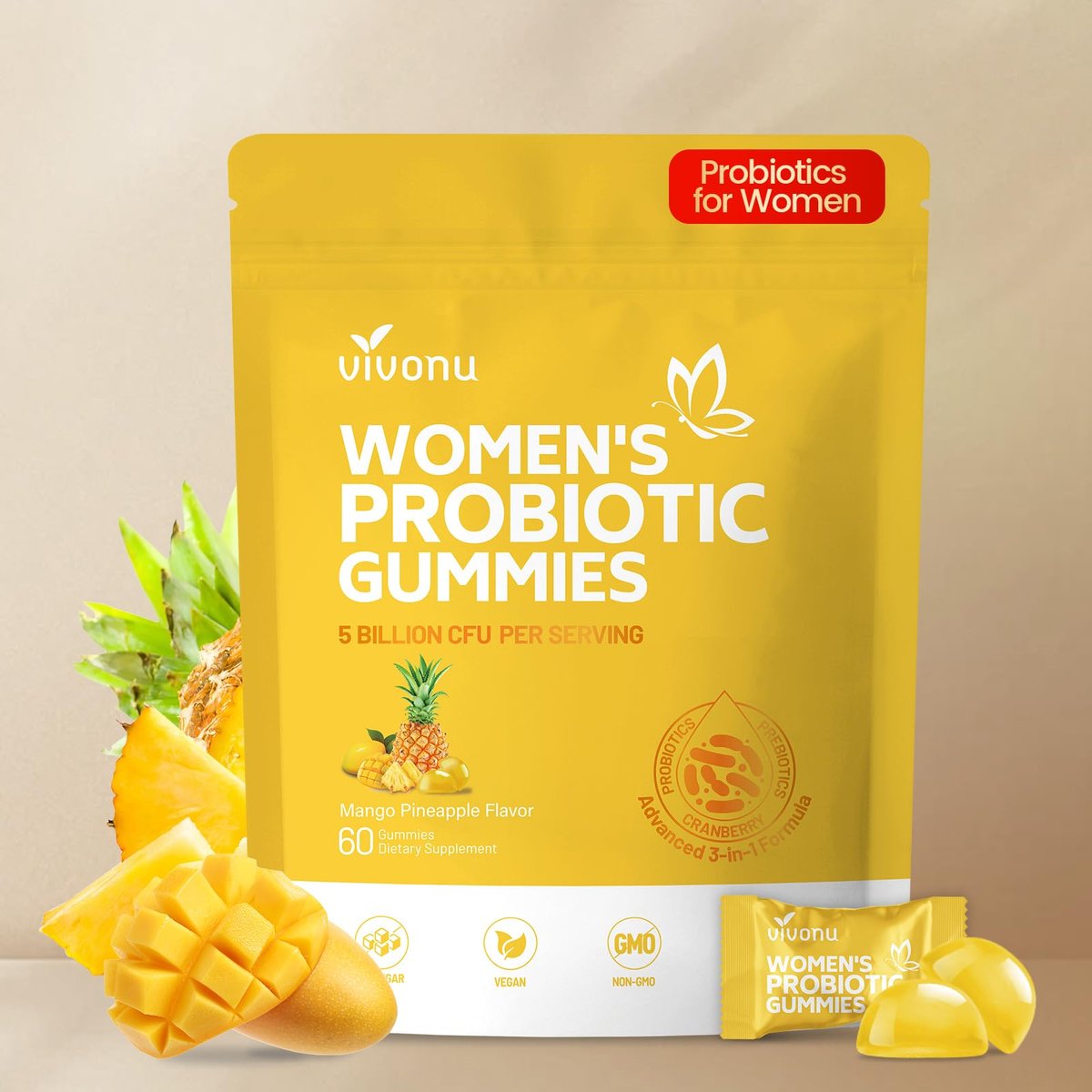 VivoNu Ananas-Gummis für die Frauengesundheit – Probiotische Gummis für vaginales Gleichgewicht & pH-Wert, Mango-Ananas-Geschmack, 60 Stück