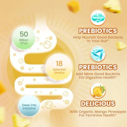 VivoNu Ananas-Gummis für die Frauengesundheit – Probiotische Gummis für vaginales Gleichgewicht & pH-Wert, Mango-Ananas-Geschmack, 60 Stück