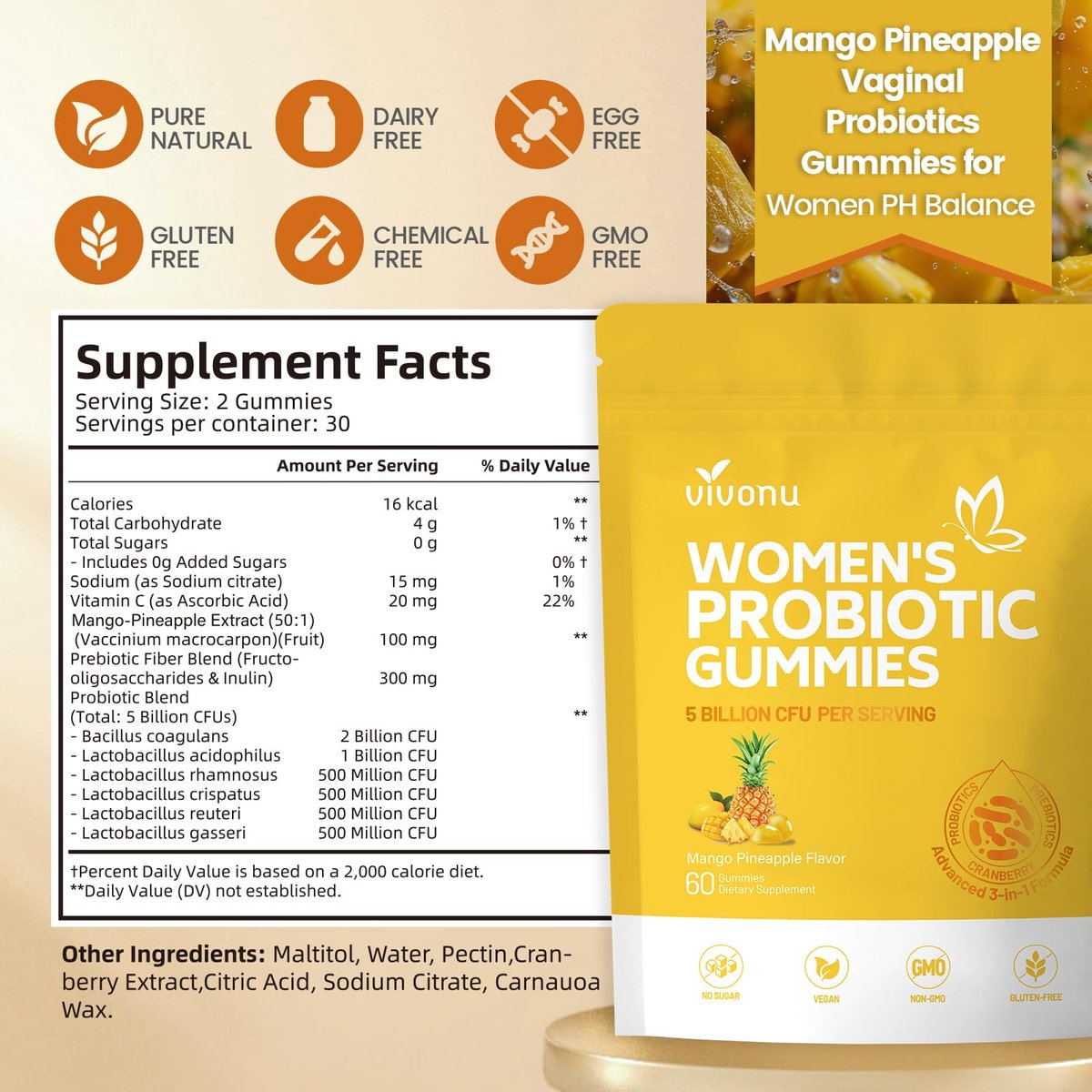 VivoNu Ananas-Gummis für die Frauengesundheit – Probiotische Gummis für vaginales Gleichgewicht & pH-Wert, Mango-Ananas-Geschmack, 60 Stück