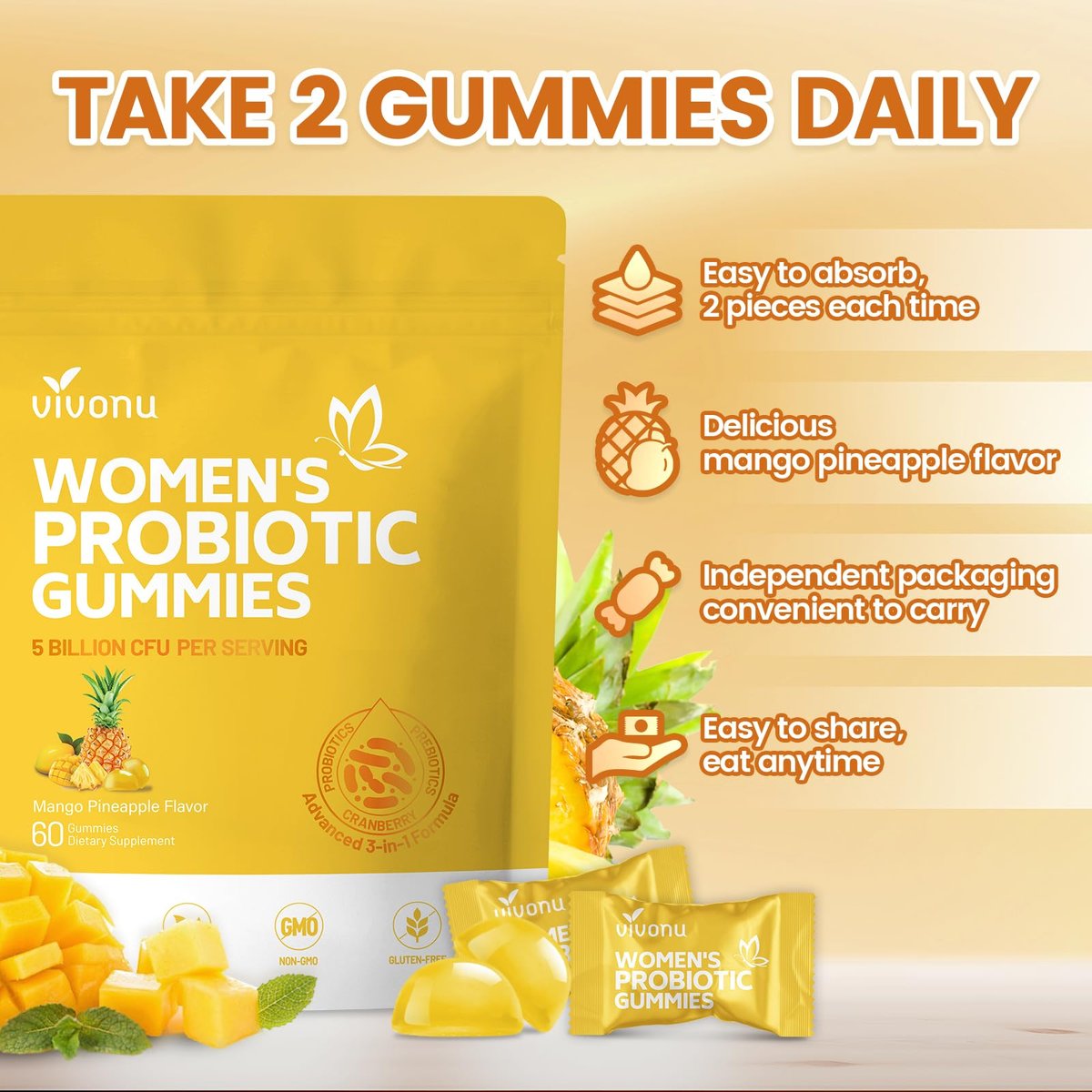 VivoNu Ananas-Gummis für die Frauengesundheit – Probiotische Gummis für vaginales Gleichgewicht & pH-Wert, Mango-Ananas-Geschmack, 60 Stück
