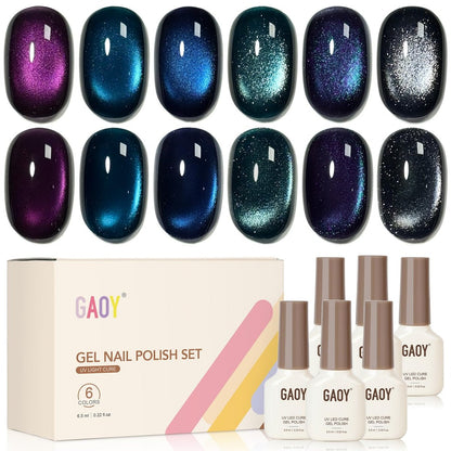 GAOY Glitzer Katzenaugen Gel-Nagellack Set mit Magnet, 6 Farben Lila Blau Schwarz Glitzer Gel Holographie, Lang anhaltend für Nagelkunst zu Hause & Salon Maniküre