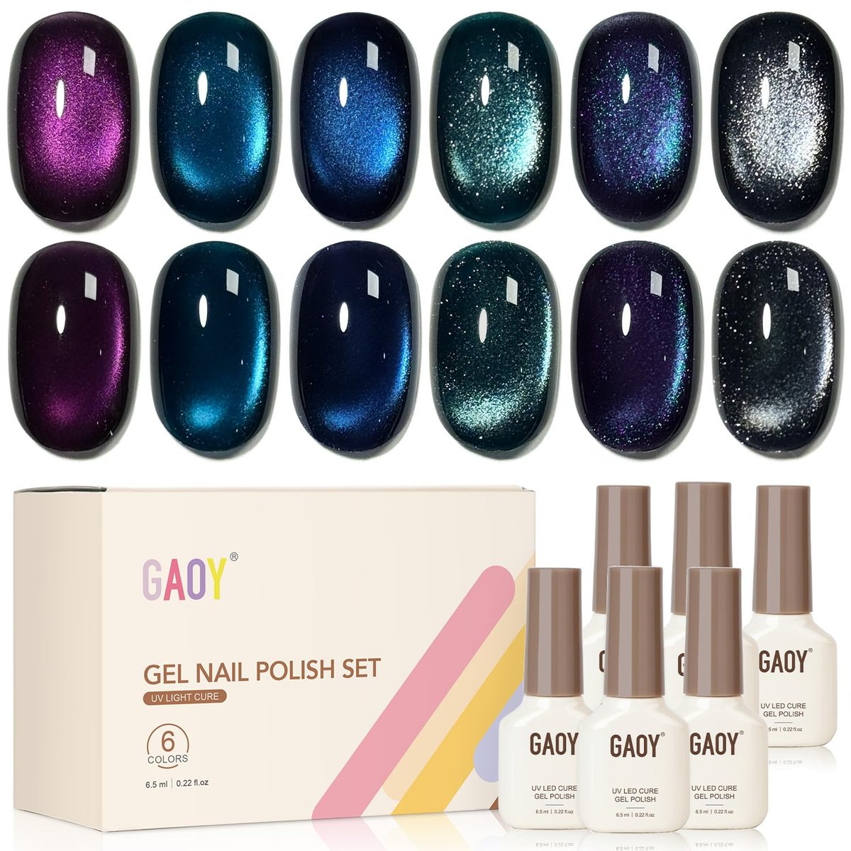 GAOY Glitzer Katzenaugen Gel-Nagellack Set mit Magnet, 6 Farben Lila Blau Schwarz Glitzer Gel Holographie, Lang anhaltend für Nagelkunst zu Hause & Salon Maniküre