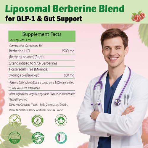 Liposomales Berberin Präparat 1500 mg, 2-in-1 Extra Stärke GLP-1 Moringa Berberin Tropfen für Stoffwechsel, Verdauung, Herzgesundheit & Vitamine für Frauen Männer Vegan Non-GMO, 30 Portionen