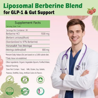 Liposomales Berberin Präparat 1500 mg, 2-in-1 Extra Stärke GLP-1 Moringa Berberin Tropfen für Stoffwechsel, Verdauung, Herzgesundheit & Vitamine für Frauen Männer Vegan Non-GMO, 30 Portionen