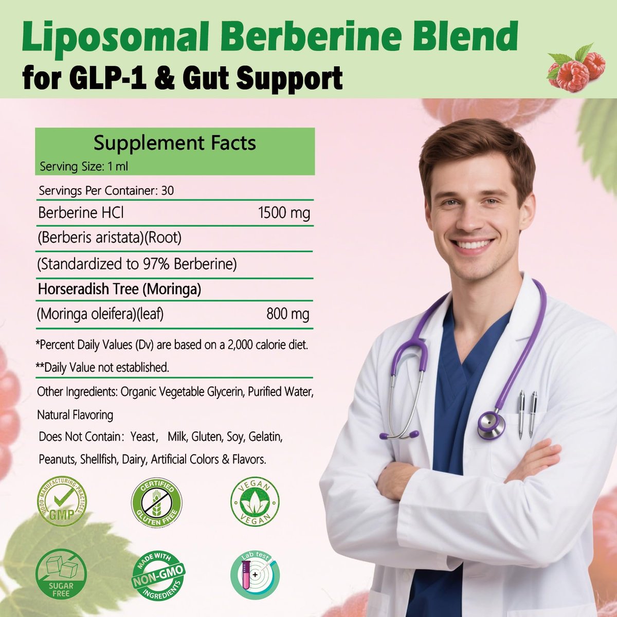 Liposomales Berberin Präparat 1500 mg, 2-in-1 Extra Stärke GLP-1 Moringa Berberin Tropfen für Stoffwechsel, Verdauung, Herzgesundheit & Vitamine für Frauen Männer Vegan Non-GMO, 30 Portionen