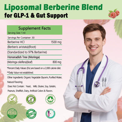 Liposomales Berberin Präparat 1500 mg, 2-in-1 Extra Stärke GLP-1 Moringa Berberin Tropfen für Stoffwechsel, Verdauung, Herzgesundheit & Vitamine für Frauen Männer Vegan Non-GMO, 30 Portionen