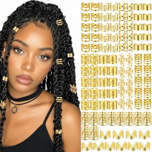 Ouligay 100 Stück Goldene Haarmanschetten für Zöpfe, Haarspangen, Metall-Haarringe, Ohrringe für Dreadlocks, Dekoration für Frauen und Mädchen, 10 Stile
