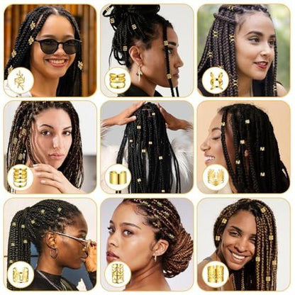 Ouligay 100 Stück Goldene Haarmanschetten für Zöpfe, Haarspangen, Metall-Haarringe, Ohrringe für Dreadlocks, Dekoration für Frauen und Mädchen, 10 Stile