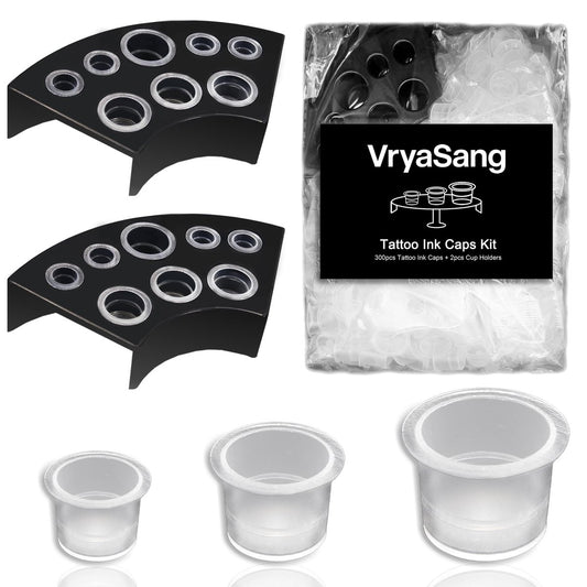 VryaSang 302-teiliges Tattoo-Tintenbecher-Set - 100 kleine, 100 mittlere, 100 große Tintenbecher + 2 schwarze Becherhalter für Permanent Make-up, Tattoo-Zubehör