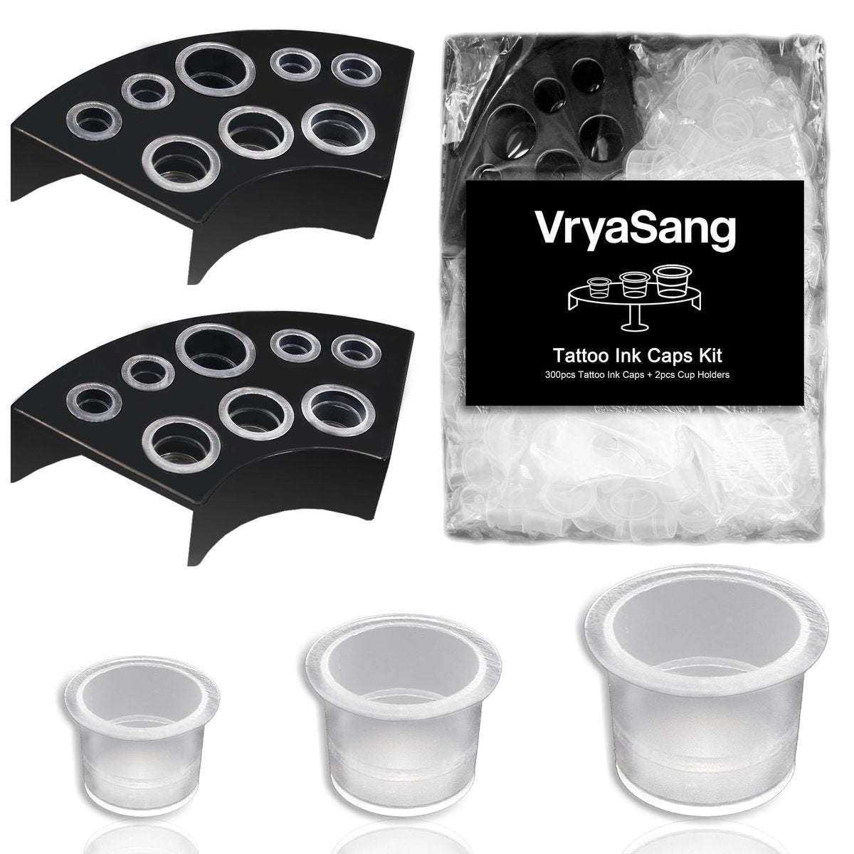 VryaSang 302-teiliges Tattoo-Tintenbecher-Set - 100 kleine, 100 mittlere, 100 große Tintenbecher + 2 schwarze Becherhalter für Permanent Make-up, Tattoo-Zubehör