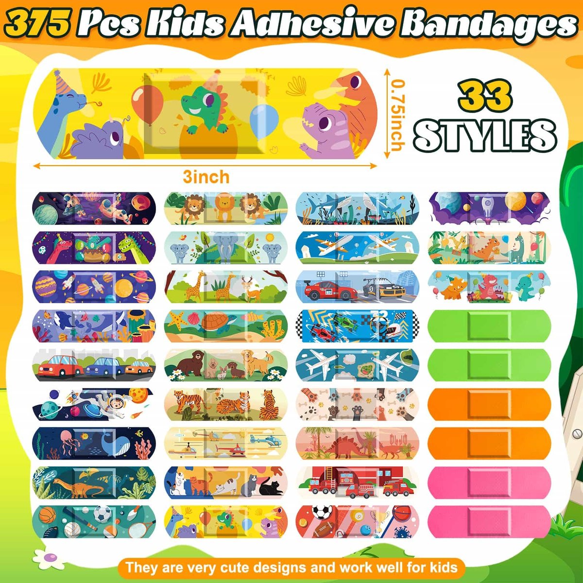 Sublaga 375 Pcs Kinderpflaster, 33 Motive Niedliche Pflaster für Kinder, Kleinkindpflaster, Pflaster Variety Pack, Haftende Flexible Cartoon Schutzpflaster für Schnitte bei Mädchen und Jungen