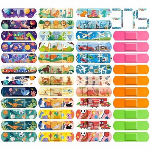 Sublaga 375 Pcs Kinderpflaster, 33 Motive Niedliche Pflaster für Kinder, Kleinkindpflaster, Pflaster Variety Pack, Haftende Flexible Cartoon Schutzpflaster für Schnitte bei Mädchen und Jungen