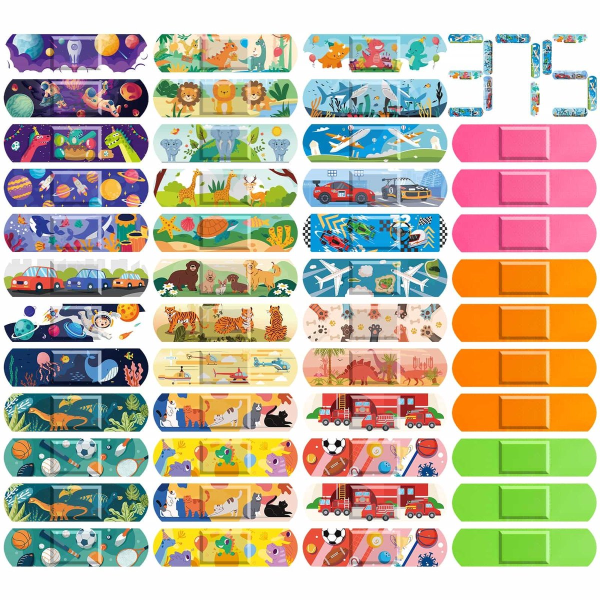 Sublaga 375 Pcs Kinderpflaster, 33 Motive Niedliche Pflaster für Kinder, Kleinkindpflaster, Pflaster Variety Pack, Haftende Flexible Cartoon Schutzpflaster für Schnitte bei Mädchen und Jungen