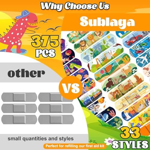 Sublaga 375 Pcs Kinderpflaster, 33 Motive Niedliche Pflaster für Kinder, Kleinkindpflaster, Pflaster Variety Pack, Haftende Flexible Cartoon Schutzpflaster für Schnitte bei Mädchen und Jungen