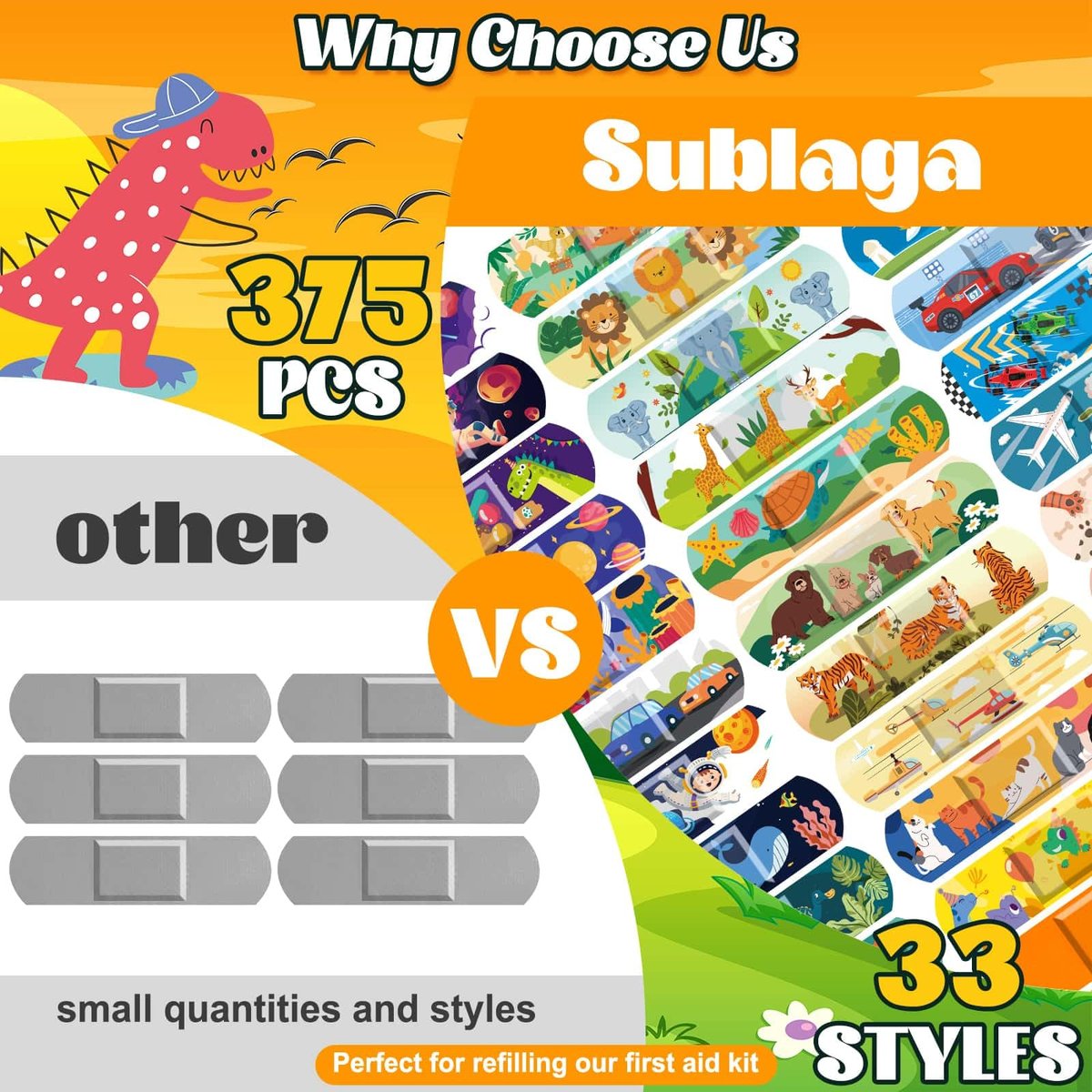 Sublaga 375 Pcs Kinderpflaster, 33 Motive Niedliche Pflaster für Kinder, Kleinkindpflaster, Pflaster Variety Pack, Haftende Flexible Cartoon Schutzpflaster für Schnitte bei Mädchen und Jungen