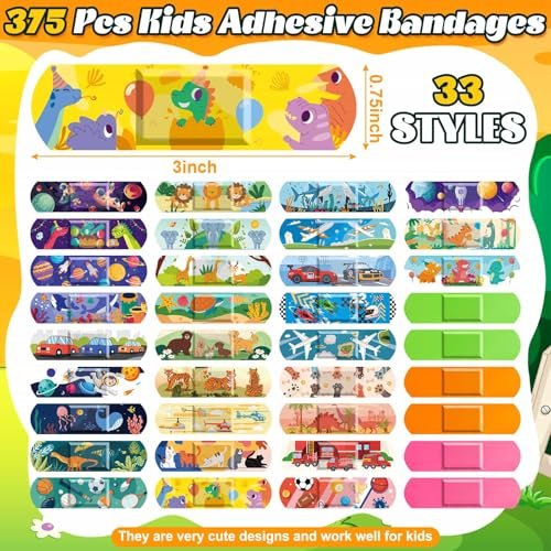 Sublaga 375 Pcs Kinderpflaster, 33 Motive Niedliche Pflaster für Kinder, Kleinkindpflaster, Pflaster Variety Pack, Haftende Flexible Cartoon Schutzpflaster für Schnitte bei Mädchen und Jungen