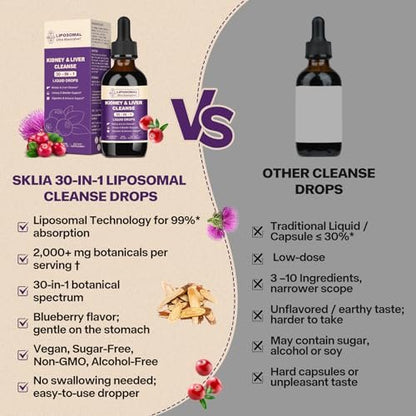 30-in-1 Nieren- und Leberreinigung & Entgiftungstropfen mit Cranberry-Extrakt, Mariendistel & Chanca Piedra – Vegane Nierenunterstützung für Harnwege & Leber, Blaubeergeschmack, 60 ml (1 Packung)