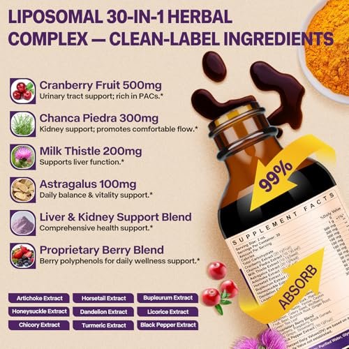 30-in-1 Nieren- und Leberreinigung & Entgiftungstropfen mit Cranberry-Extrakt, Mariendistel & Chanca Piedra – Vegane Nierenunterstützung für Harnwege & Leber, Blaubeergeschmack, 60 ml (1 Packung)