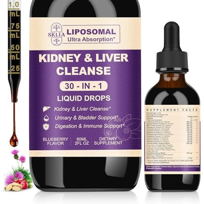 30-in-1 Nieren- und Leberreinigung & Entgiftungstropfen mit Cranberry-Extrakt, Mariendistel & Chanca Piedra – Vegane Nierenunterstützung für Harnwege & Leber, Blaubeergeschmack, 60 ml (1 Packung)