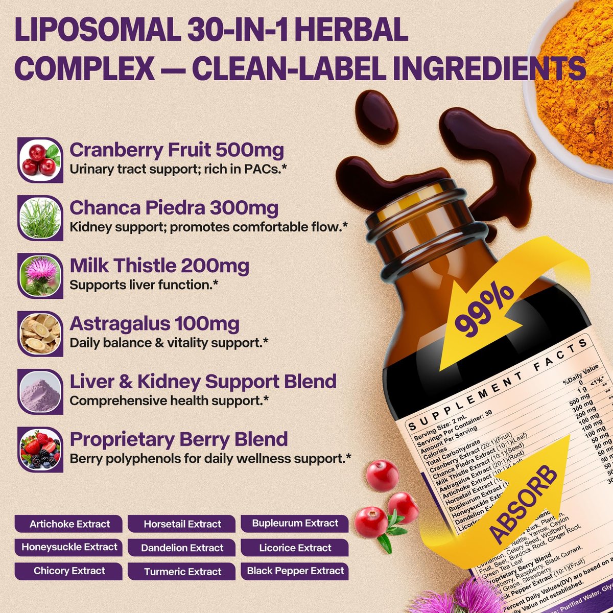 30-in-1 Nieren- und Leberreinigung & Entgiftungstropfen mit Cranberry-Extrakt, Mariendistel & Chanca Piedra – Vegane Nierenunterstützung für Harnwege & Leber, Blaubeergeschmack, 60 ml (1 Packung)