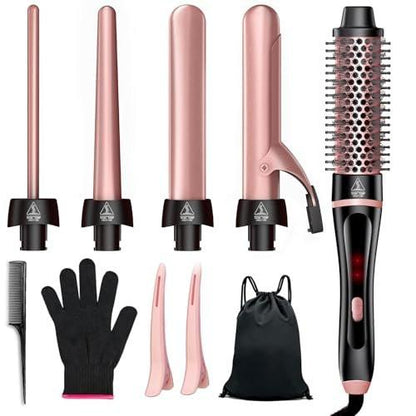 5-in-1 Lockenstab & Thermalbürsten-Set mit 4 austauschbaren Keramik-Aufsätzen (0,35-1,25 Zoll) – Schnellheizung, Dual-Voltage Reise-Haartool, Geburtstagsgeschenk für Frauen – Lockenwickler-Set für Locken und Blowout