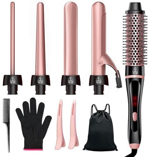 5-in-1 Lockenstab & Thermalbürsten-Set mit 4 austauschbaren Keramik-Aufsätzen (0,35-1,25 Zoll) – Schnellheizung, Dual-Voltage Reise-Haartool, Geburtstagsgeschenk für Frauen – Lockenwickler-Set für Locken und Blowout