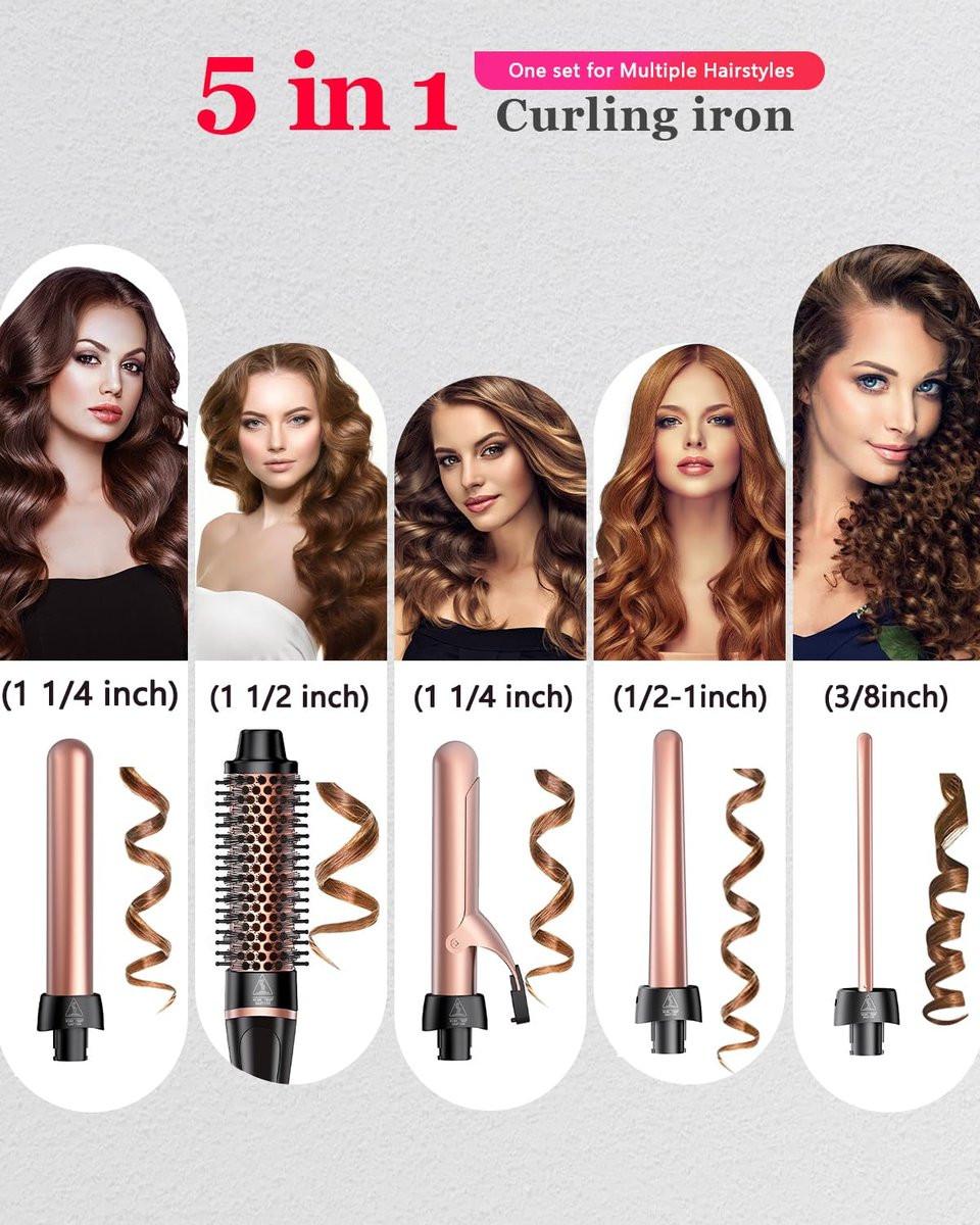 5-in-1 Lockenstab & Thermalbürsten-Set mit 4 austauschbaren Keramik-Aufsätzen (0,35-1,25 Zoll) – Schnellheizung, Dual-Voltage Reise-Haartool, Geburtstagsgeschenk für Frauen – Lockenwickler-Set für Locken und Blowout