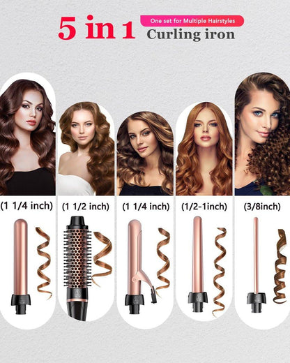 5-in-1 Lockenstab & Thermalbürsten-Set mit 4 austauschbaren Keramik-Aufsätzen (0,35-1,25 Zoll) – Schnellheizung, Dual-Voltage Reise-Haartool, Geburtstagsgeschenk für Frauen – Lockenwickler-Set für Locken und Blowout