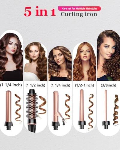 5-in-1 Lockenstab & Thermalbürsten-Set mit 4 austauschbaren Keramik-Aufsätzen (0,35-1,25 Zoll) – Schnellheizung, Dual-Voltage Reise-Haartool, Geburtstagsgeschenk für Frauen – Lockenwickler-Set für Locken und Blowout