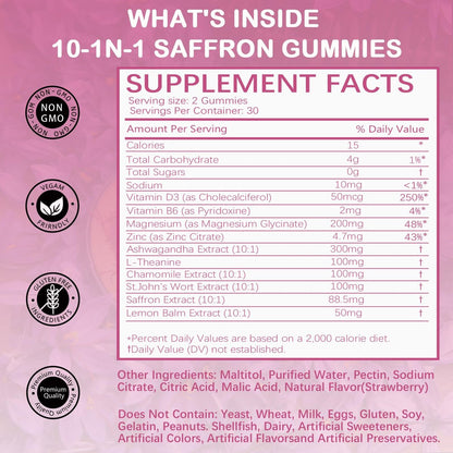 Safran-Gummis für Kinder & Erwachsene, Zuckerfrei, mit Ashwagandha, L-Theanin, Kamille, Johanniskraut, Zitronenmelisse, Vitamin D3 B6, Magnesium, Zink – für Schlaf, Stimmung, Konzentration & Sehkraft, 60 Stück