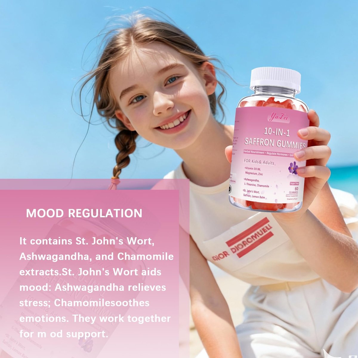 Safran-Gummis für Kinder & Erwachsene, Zuckerfrei, mit Ashwagandha, L-Theanin, Kamille, Johanniskraut, Zitronenmelisse, Vitamin D3 B6, Magnesium, Zink – für Schlaf, Stimmung, Konzentration & Sehkraft, 60 Stück