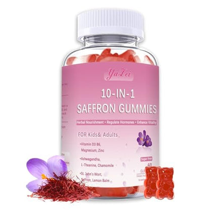 Safran-Gummis für Kinder & Erwachsene, Zuckerfrei, mit Ashwagandha, L-Theanin, Kamille, Johanniskraut, Zitronenmelisse, Vitamin D3 B6, Magnesium, Zink – für Schlaf, Stimmung, Konzentration & Sehkraft, 60 Stück