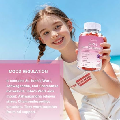 Safran-Gummis für Kinder & Erwachsene, Zuckerfrei, mit Ashwagandha, L-Theanin, Kamille, Johanniskraut, Zitronenmelisse, Vitamin D3 B6, Magnesium, Zink – für Schlaf, Stimmung, Konzentration & Sehkraft, 60 Stück