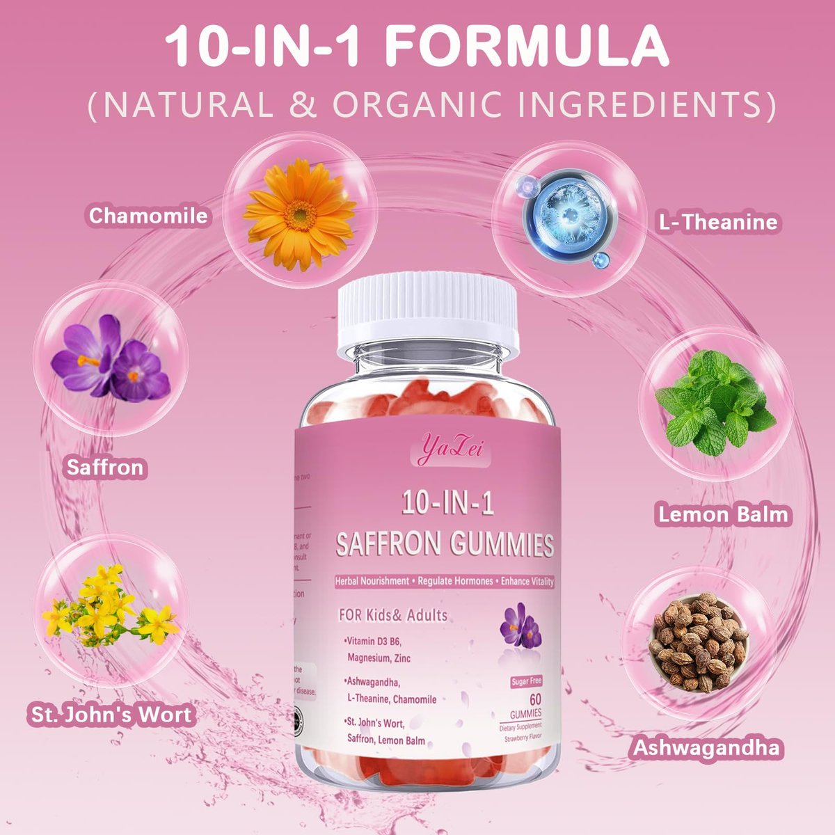 Safran-Gummis für Kinder & Erwachsene, Zuckerfrei, mit Ashwagandha, L-Theanin, Kamille, Johanniskraut, Zitronenmelisse, Vitamin D3 B6, Magnesium, Zink – für Schlaf, Stimmung, Konzentration & Sehkraft, 60 Stück