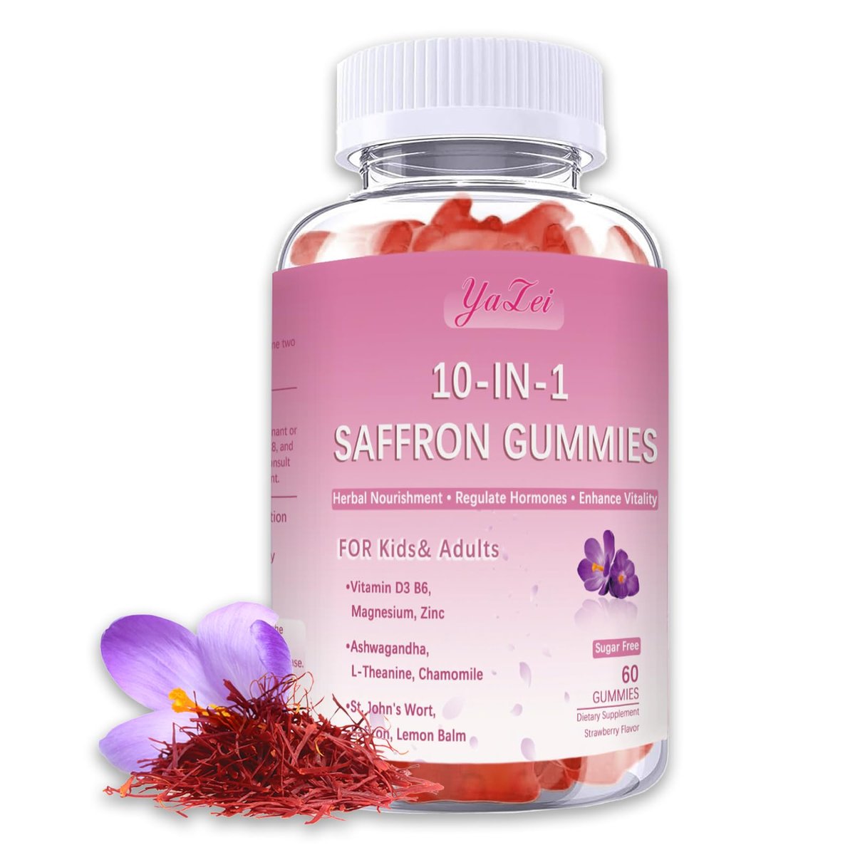 Safran-Gummis für Kinder & Erwachsene, Zuckerfrei, mit Ashwagandha, L-Theanin, Kamille, Johanniskraut, Zitronenmelisse, Vitamin D3 B6, Magnesium, Zink – für Schlaf, Stimmung, Konzentration & Sehkraft, 60 Stück
