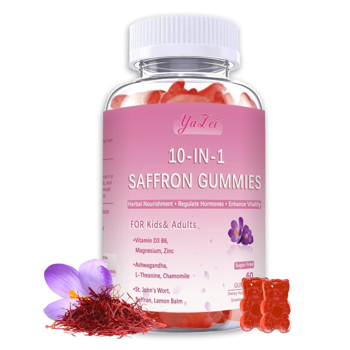 Safran-Gummis für Kinder & Erwachsene, Zuckerfrei, mit Ashwagandha, L-Theanin, Kamille, Johanniskraut, Zitronenmelisse, Vitamin D3 B6, Magnesium, Zink – für Schlaf, Stimmung, Konzentration & Sehkraft, 60 Stück