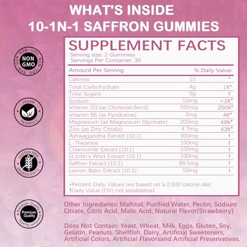 Safran-Gummis für Kinder & Erwachsene, Zuckerfrei, mit Ashwagandha, L-Theanin, Kamille, Johanniskraut, Zitronenmelisse, Vitamin D3 B6, Magnesium, Zink – für Schlaf, Stimmung, Konzentration & Sehkraft, 60 Stück